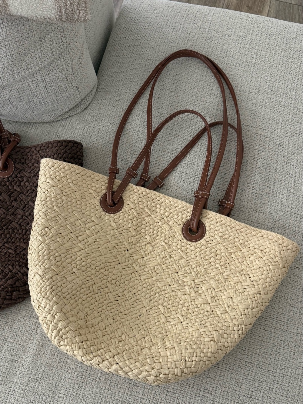 Woven Straw Tote Bag with Brown Leather Handles - Natural / Dark Brown - Picture 4 of 6